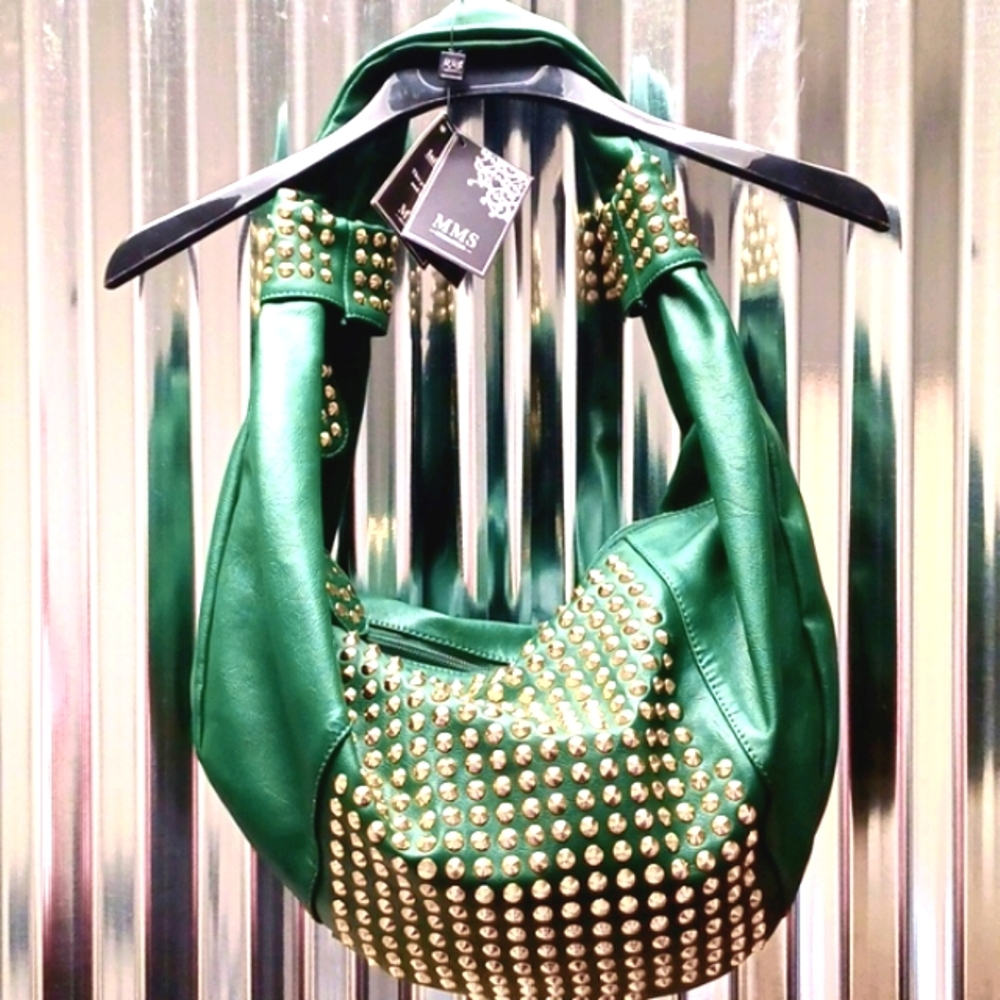 MMS Design Studio Hunter Green  Large sachel purse w/ gold studs. NWT
